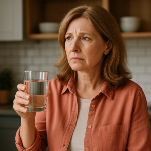 Middle-aged woman in a modern kitchen holding a glass of water and looking concerned.